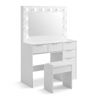 Relaxdays Relaxdays: Toletta Con Specchio Led E Sgabello, 4 Cassetti E Vano Con Anta, 140x105x40 Cm, Bianca