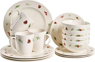 Beliani Vajilla De 16 Piezas De Porcelana Hecha A Mano Con Acabado De Esmalte Reactivo Motivo Navidad Blanco Marjoram