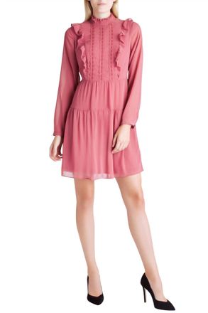 Kensie Crinkle Chiffon Long Sleeve Ruffle Front Mock Neck Dress In Pink