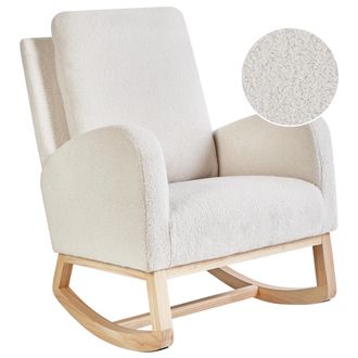 Beliani Silla Mecedora Balanc&iacute;n Tapizado De Boucl&eacute; Patas De Madera De Caucho Con Reposabrazos Sala De Estar Sill&oacute;n De Lactancia Blanco Crema Alsta