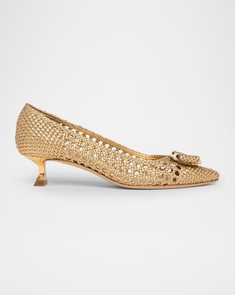 Ferragamo Zelma Metallic Woven Bow Kitten-Heel Pumps