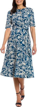 London Times Side Tie Jersey Midi Dress in Teal/Beige at Nordstrom Rack, Size 16