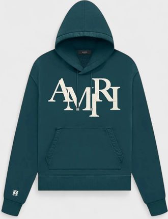Amiri Mens Staggered Logo Hoodie Rain Forest - Green - Size Medium
