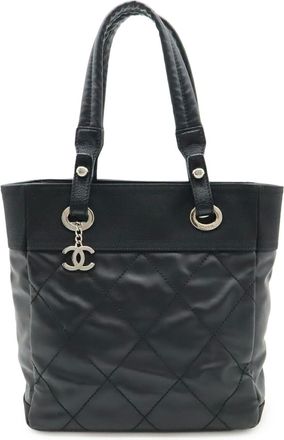 Chanel Paris Biarritz Black Coated Canvas Leather Shoulder Bag Tote Bag (Pre-Owned)