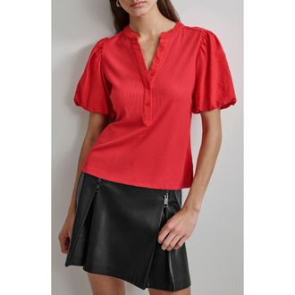 DKNY Puff Sleeve Mixed Media Henley Top in Flame at Nordstrom, Size Medium