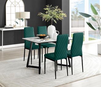 Furniturebox Carson White Marble Effect Dining Table & 4 Velvet Milan Black Leg Chairs in Green