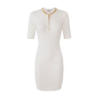 Elisabetta Franchi Mini-jurk van gebreide stof met juweeldetails - Dames - Kleedjes - Wit - M - Polyester - Kleedjes