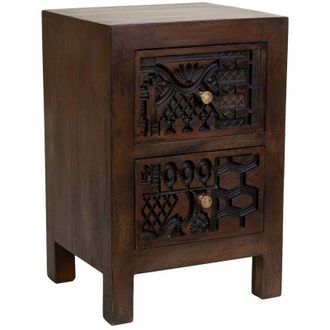 Wanderlust Deco Mesita De Noche De Madera Tallada Artesanal Marr&oacute;n 40x35x60h Cm