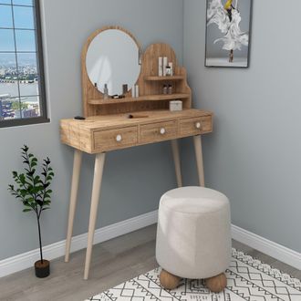 Dmora Toilette Larino, Mueble De Tocador Con Espejo, 3 Cajones, Estante Marr&oacute;n, 74x35x131h Cm Roble Marr&oacute;n