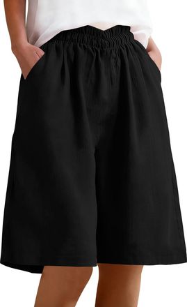 Generic Womens Shorts Cotton Linen Shorts Summer Casual Capri Pants Elastic Waist Cropped Trousers Knee Length Bermuda Pocket Wide Leg Cargo Ladies Culottes S