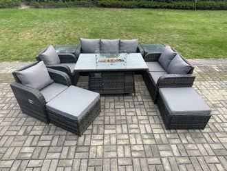 Fimous PE Wicker Outdoor Rattan Garden Furniture Set Propane Gas Fire Pit Table & Sofa Chair set with 2 Side Tables 2 Big Footstool in Dark Grey