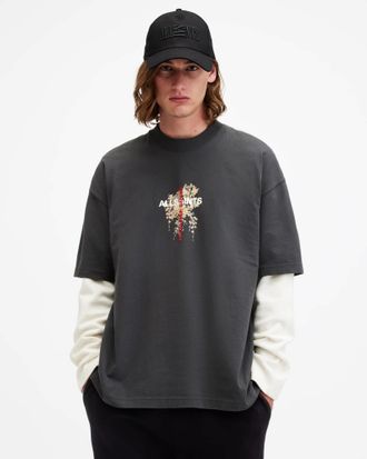 AllSaints Mens Cotton Eternal Oversized Embroidered Logo T-Shirt, Size: XL