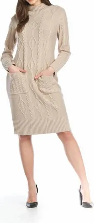 Papillon Cable Knit Turtle Neck Midi Sweater Dress In Taupe