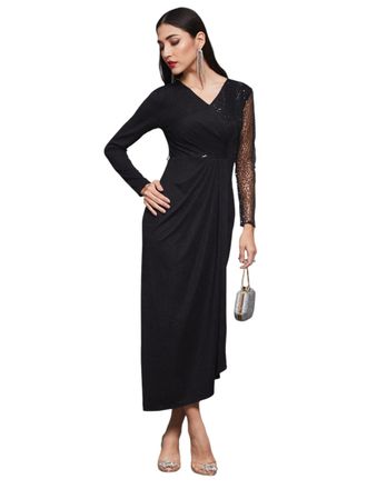 Miss Chase Womens V-Neck Full Sleeve Dress, Black, XS