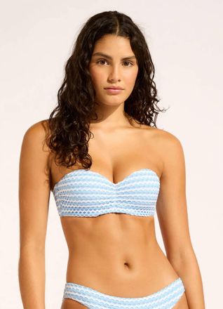 Seafolly Mesh Effect Bustier Bandeau Bikini Top In Powder Blue/white