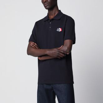 Moncler Blue cotton polo shirt with triple crest logo patch