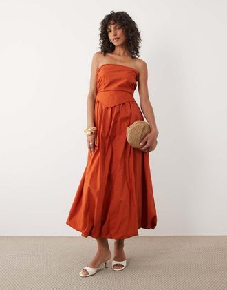 Asos Vestito midi a fascia arricciato color ruggine-Grigio