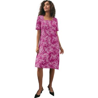 Jessica London Stretch Cotton Square Neck Midi Dress in Raspberry Floral at Nordstrom, Size 28
