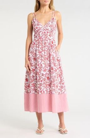 Ellen Tracy Seersucker Strappy Dress in Red Cottage Floral at Nordstrom Rack, Size X-Large