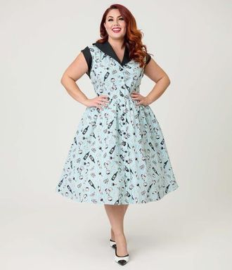 Unique Vintage Plus Size Cafe Swing Dress in Blue Striped Caf&eacute; Print at Nordstrom, Size 1X