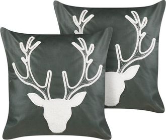 Beliani Conjunto De 2 Cojines Decorativos De Terciopelo Motivo Reno Navidad 45 X 45 Cm Verde Bicocca