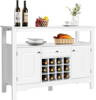 Costway Costway - Aparador De Cocina Con Porta Botellas De Vino, Repisa Abierta, 2 Armarios Y Caj&oacute;n, Armario De Comedor, Mueble Para Cocina Comedor Sal&oacute;n 117 