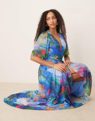 Hope & Ivy Vestito lungo a portafoglio con maniche con volant blu a fiori