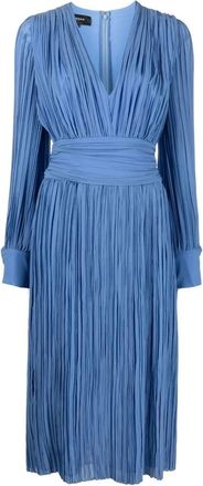 Rochas Blauwe Pliss&eacute; Midi Jurk met V-Hals - Dames - Casual kleedjes - Blauw - XS - Kleedjes
