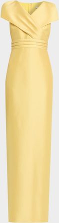 Badgley Mischka Faux-Wrap Mikado Column Gown