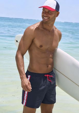 Buffalo Badeshorts BUFFALO, Herren, Gr. XXL (58/60), N-Gr, blau (marine, rot), Microfaser, Recycling-Polyester, kontrastfarbene Details, Badehosen Badeshorts,