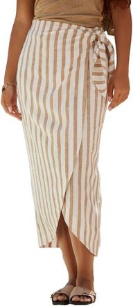 Next Stripe Linen Blend Faux Wrap Midi Skirt in Neutral at Nordstrom, Size 12 Us
