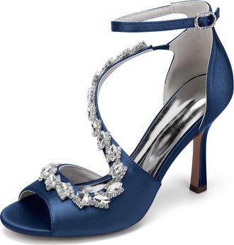Generic Womens High Heels Satin Bridal Shoes Stiletto Sandals Dress Wedding Heel Formal Evening Shoes Rhinestone 9.5Cm,Dark Blue,10 UK
