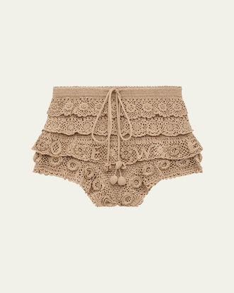 Loewe x Paulas Ibiza Tiered Ruffle Crochet Pull-On Shorts