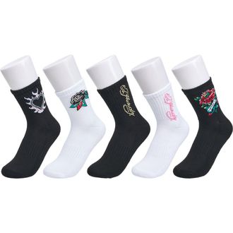 Ed Hardy Flower Print Half Cushion Mid Crew Sock 5-Pack in Black White at Nordstrom