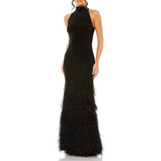 Mac Duggal Feather Tiered Detail Jersey Halter Gown in Black at Nordstrom, Size 12