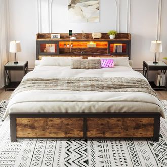 Merax 4ft6 Double Metal Bed with Storage Headboard, LED & Charging Ports in Walnut