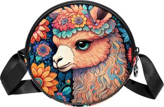 Generic Circle Crossbody Bag for Women, Color Drawing Alpaca Small Sling Bag Daypack with Zipper Adjustable Shoulder Straps Casual Ladies Girls Round Purse
