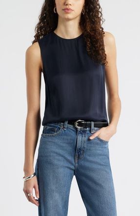 Nordstrom Satin Scoop Neck Tank in Navy Night at Nordstrom, Size Xx-Small
