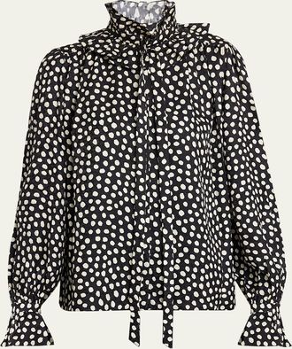 Chloé Dots-Print Silk Jacquard Ruffle Blouse