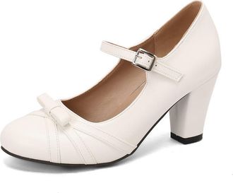 Generic Womens Mary Jane Vintage Pumps Bow Round Toe Chunky Heel Ankle Strap Comfort Casual Versatile Shoes (5.5,White)