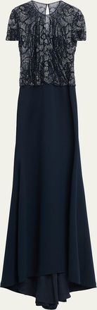Naeem Khan Beaded Bodice Cap-Sleeve Fit-And-Flare Crepe Gown