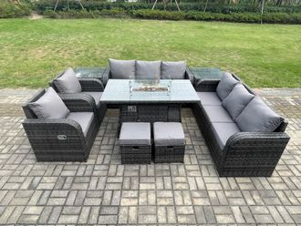 Fimous Wicker Rattan Garden Furniture Set Gas Fire Pit Dining Table Indoor Outdoor with 2 Side Tables Chair Loveseat Sofa Footstool in Dark Grey