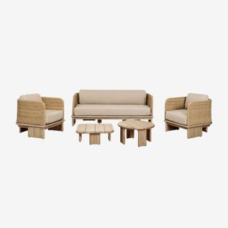 Sklum Sklum - Conjunto De Sal&oacute;n Con Sof&aacute; De 3 Plazas, 2 Sillones Y 2 Mesas De Centro En Rat&aacute;n Y Madera De Acacia Famara