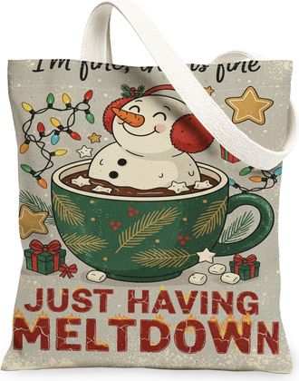 Generic Christmas Snow Man Canvas Tote Bag, Holiday Design Reusable Grocery Bags, Winter Lightweight Washable Shoulder Strap Bags F, Beige, 13x15 Inch