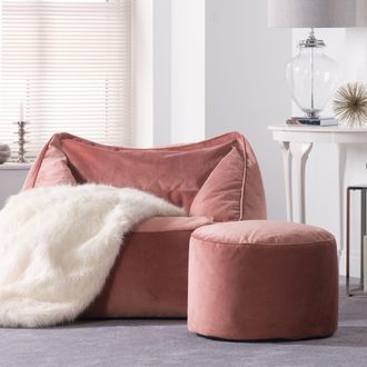 Icon Brand Natalia Velvet Adults Bean Bag Armchair & Pouffe, Large Beanbag & Footstool Dusk Pink in Light Pink