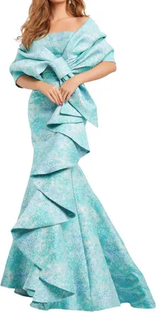 Jovani Ruffle Skirt Wrap Evening Gown In Blue Multi