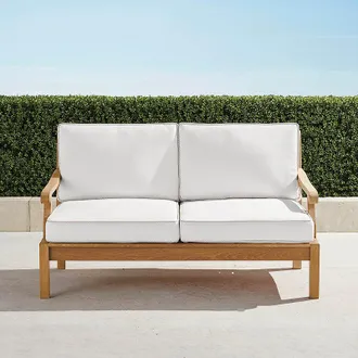 Frontgate Cassara Loveseat with Cushions in Natural Teak - Standard, Snow with Logic Bone Piping - Frontgate