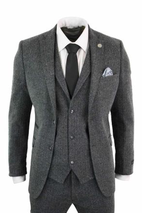 TruClothing Mens 3 Piece Charcoal Grey Herringbone Tweed Suit Wool Blend - Size 52 (Chest)
