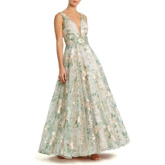Mac Duggal Floral Embroidered Illusion V-Neck Gown in Cream Multi at Nordstrom, Size 12