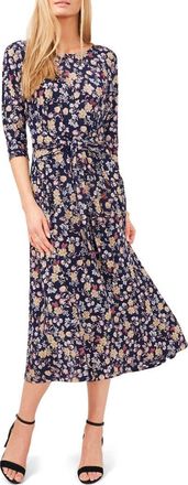 Chaus Floral Tie Front Midi Dress in Navy/yellow 472 at Nordstrom, Size Medium